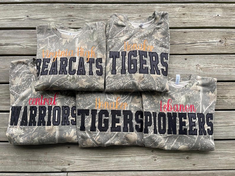 Custom Team Camo Crewneck Sweatshirt | Glitter Appliqué Embroidery Game Day Pullover