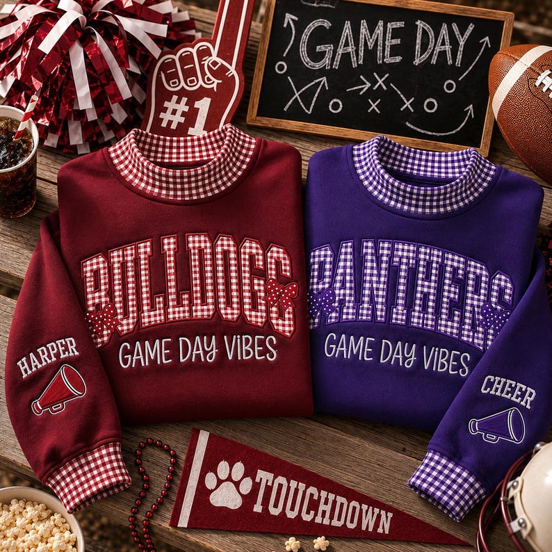 Personalized Game Day Gingham Mock Neck Sweatshirt - Custom Team Football Spirit Crewneck