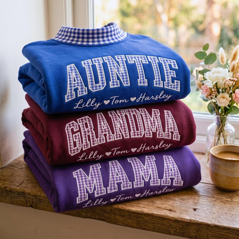 Personalized AUNTIE Gingham Mock Neck Sweatshirt, Custom Applique Text with Names, Embroidered Family