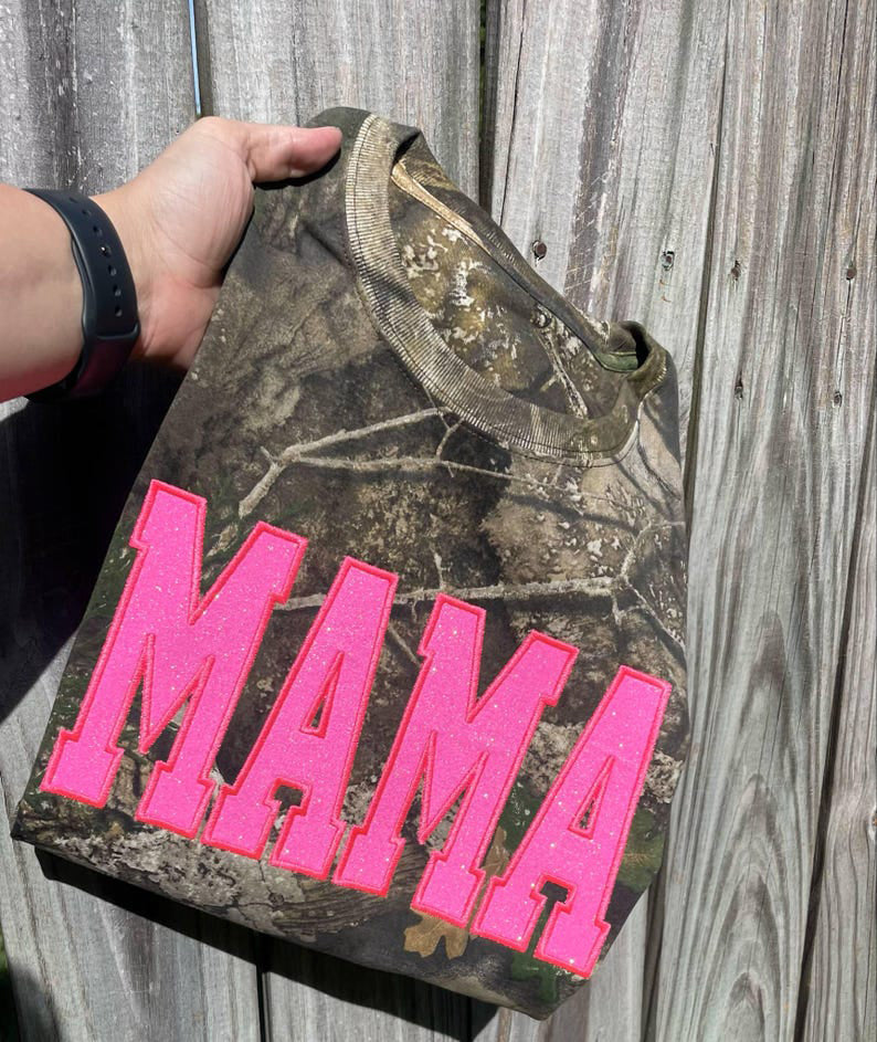 Custom Camo Mama Glitter Applique Short Sleeve or Long Sleeve Shirt | Gifts for Sports Mom
