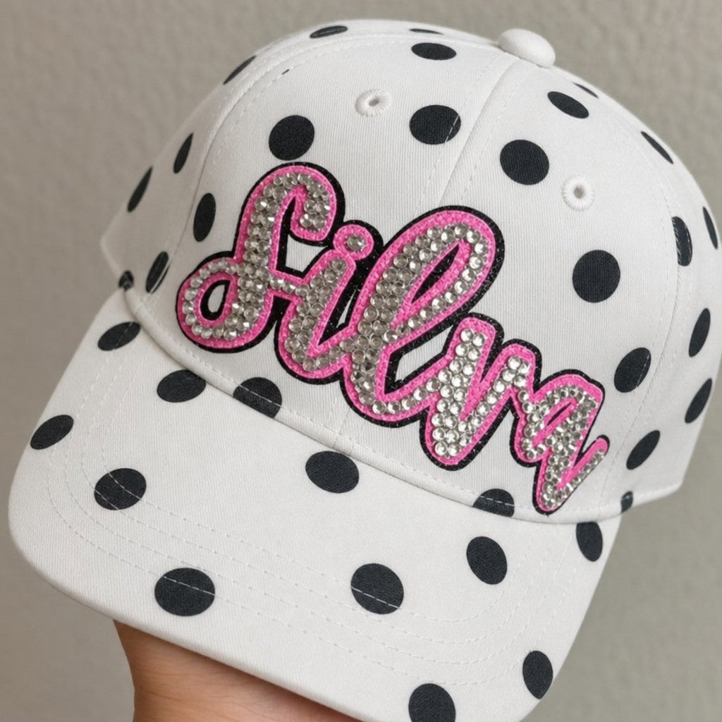 Custom Two-Tone Glitter Script Polka Dot Baseball Hat – Personalized Game Day Cap | Game Day Wear