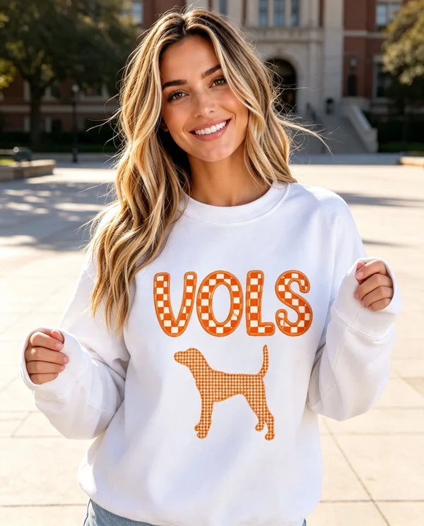 VOLS Checkerboard Dog Appliqué Sweatshirt – Vintage Orange Plaid Puppy Crewneck for Game Day Fans | Game Day Wear