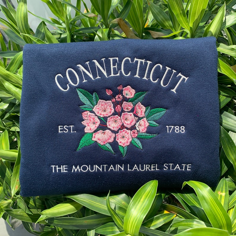 Custom Embroidered Connecticut Mountain Laurel State Sweatshirt | US State Flowers Embroidery State Gift Shirt