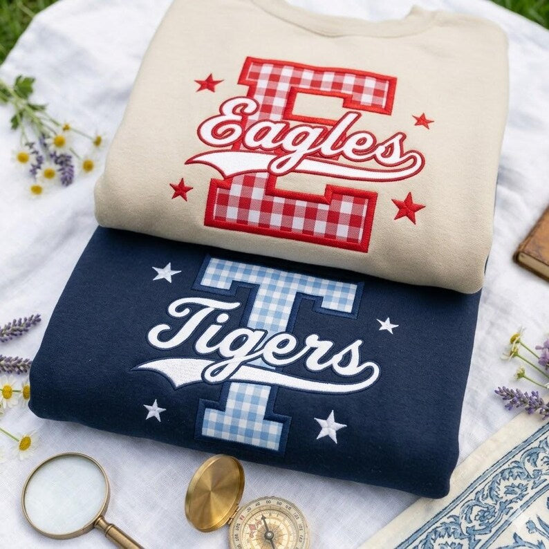 Custom Varisty Letter Embroidered Shirt, Personalize School Spirit Crewneck
