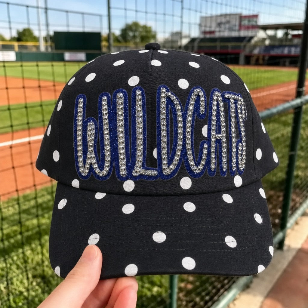 Custom Polka Dot Baseball Cap – Personalized Glitter Rhinestone Hat for Sports Moms & Team Supporter | Game Day Wear