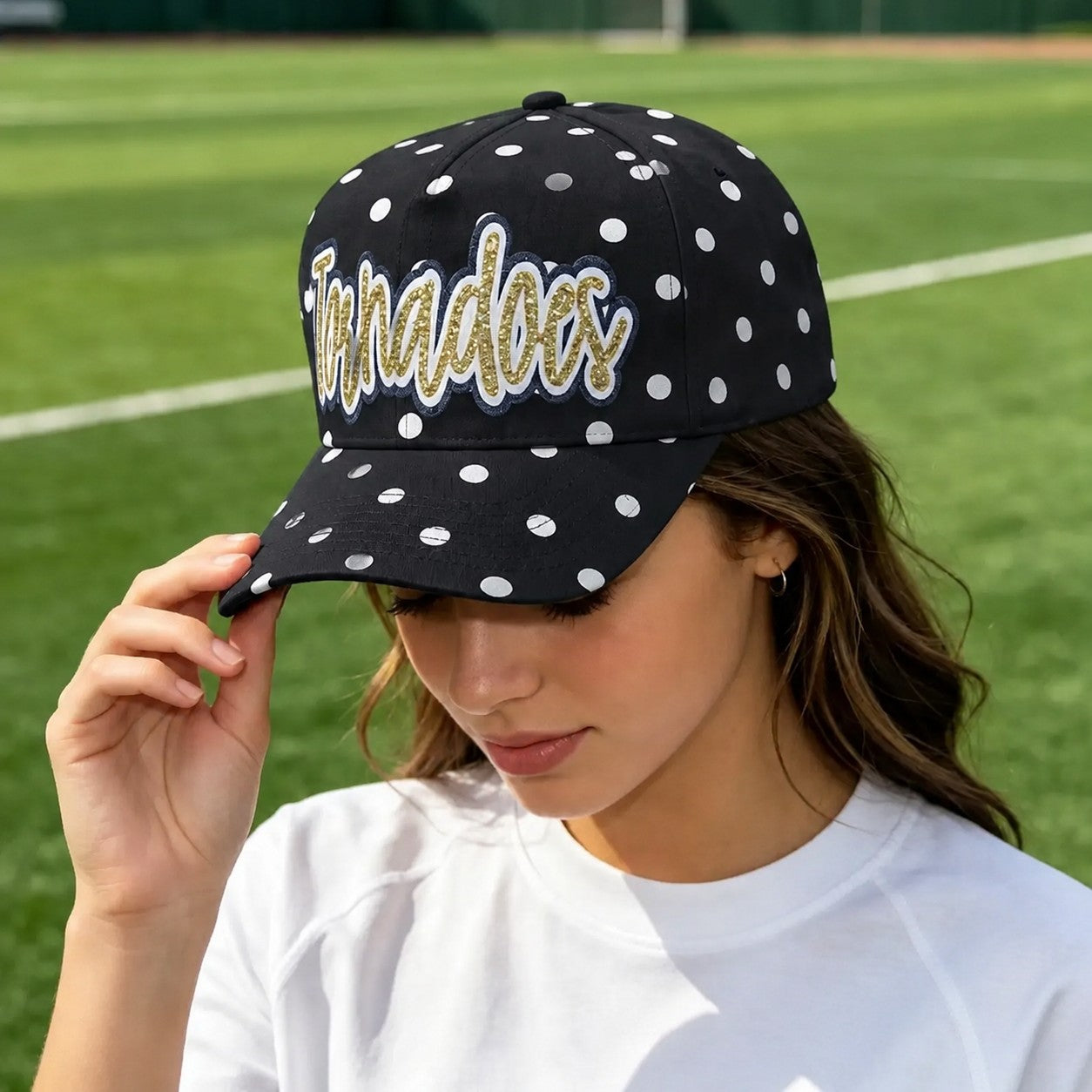 Personalized Polka Dot Baseball Cap – Custom Rhinestone Snapback Hat | Game Day Wear