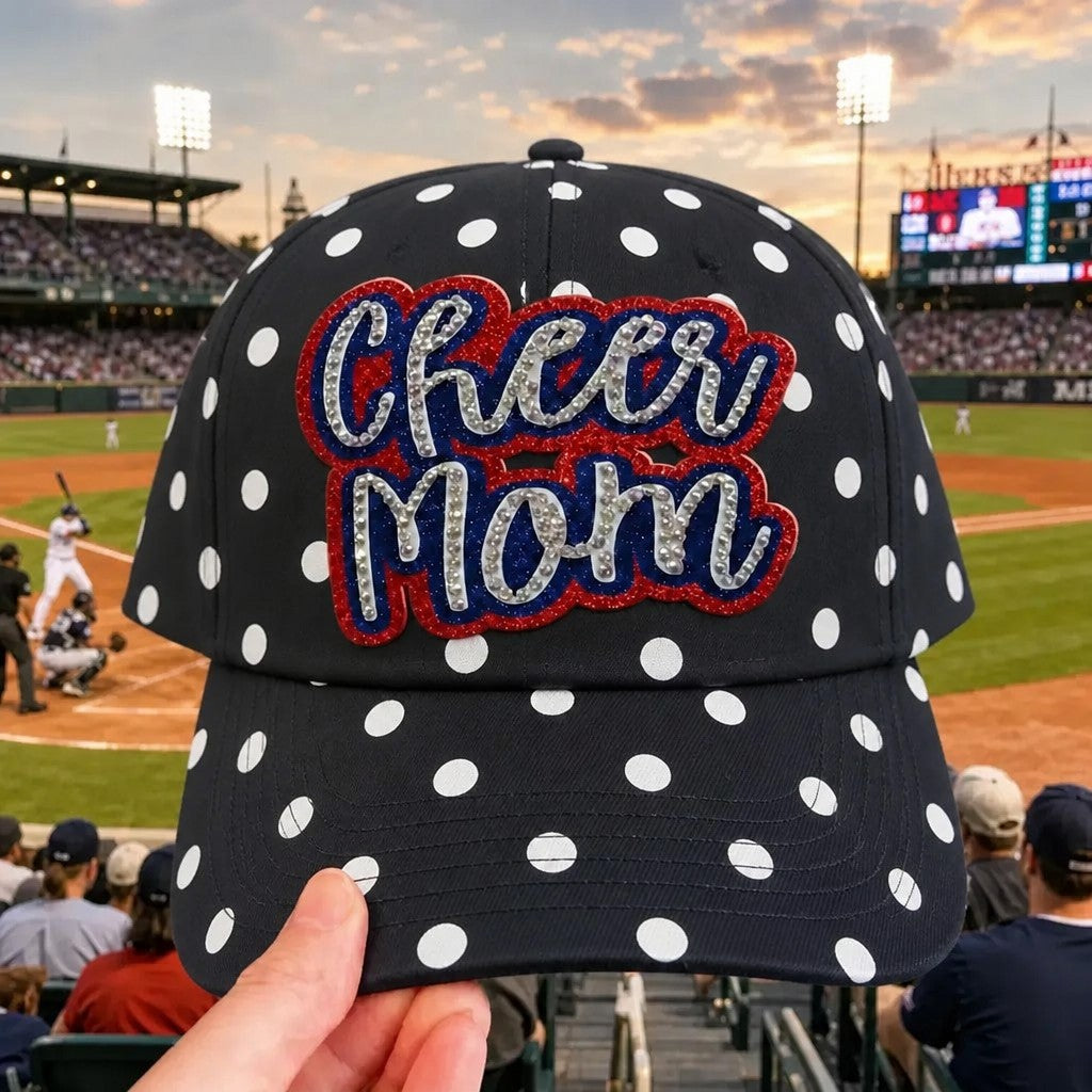 Custom Rhinestone Polka Dot Cheer Mom Cap – Glitter Bling Game Day Baseball Hat, Personalized Gift for Cheer Moms | Game Day Wear