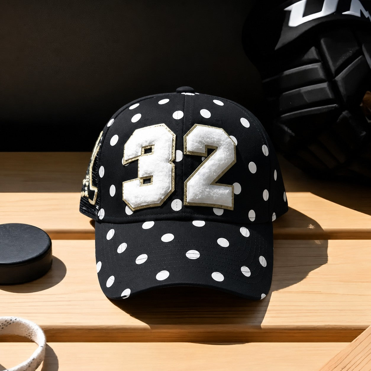Personalized Hockey Mom Hat – Polka Dot Custom Chenille Number & Crossed Hockey Sticks Baseball Cap | Game Day Wear