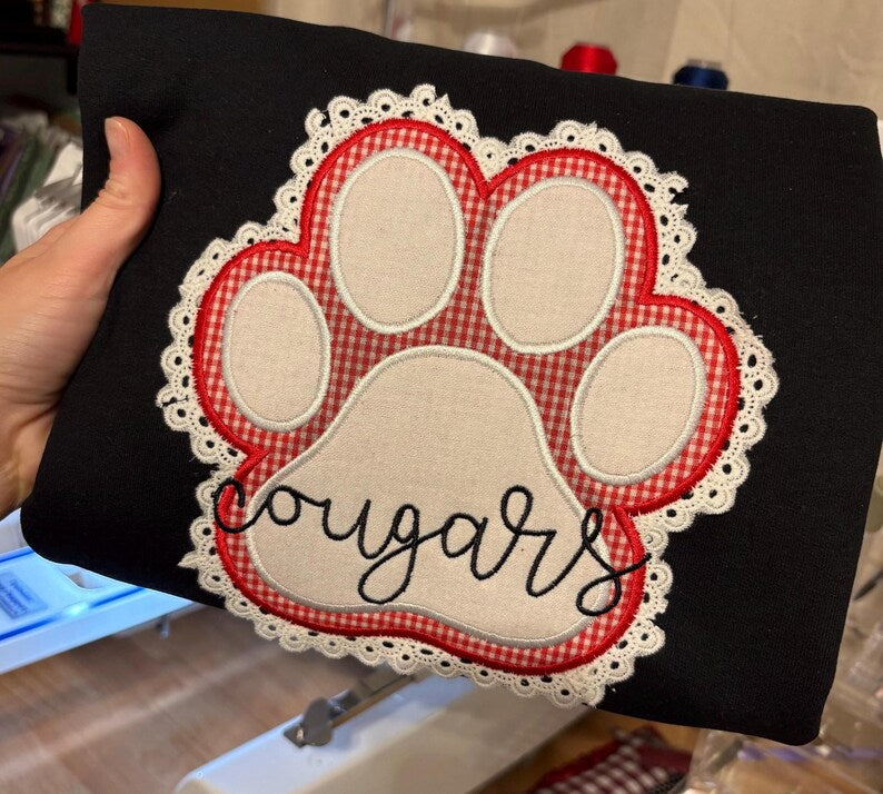 Custom Embroidered Mascot Paw Print Lace Sweatshirt | Personalized Lace Mascot Shirt