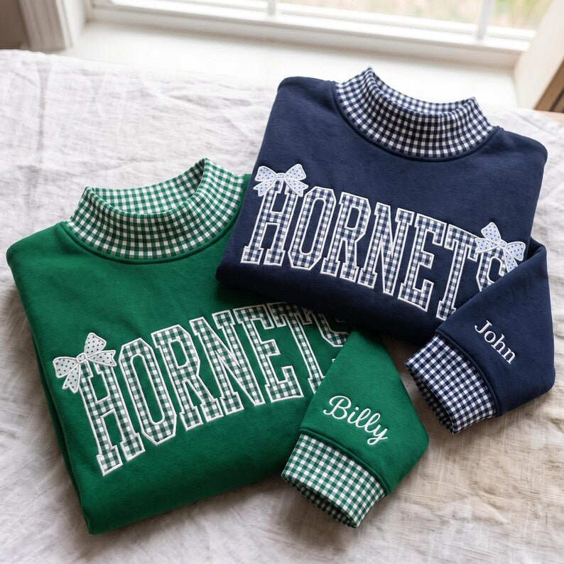 Personalized Gingham Mock Neck Sweatshirt,Custom School Mascot and Name Pullover