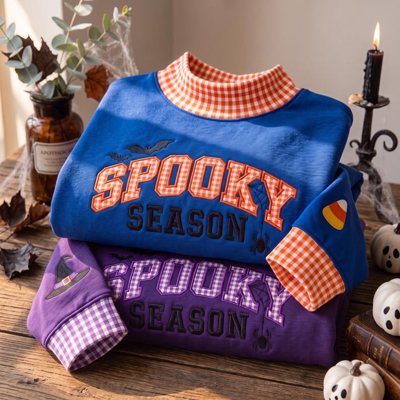 Spooky Season Gingham Mock Neck Sweatshirt, Halloween Applique Crewneck