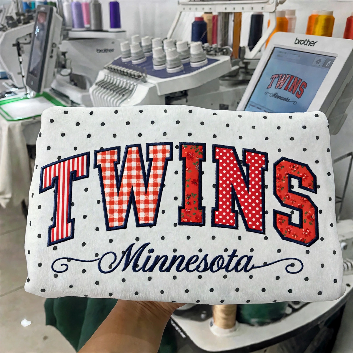Custom Embroidered Patchwork Mix Fabric Baseball Team Polka Dot Sweatshirt | Game Day Wear