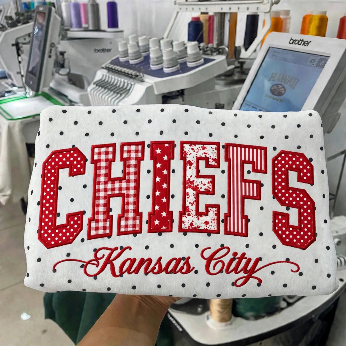 Custom Patchwork Fabric Embroidered Football Team Polka Dot Sweatshirt Game Day Wear