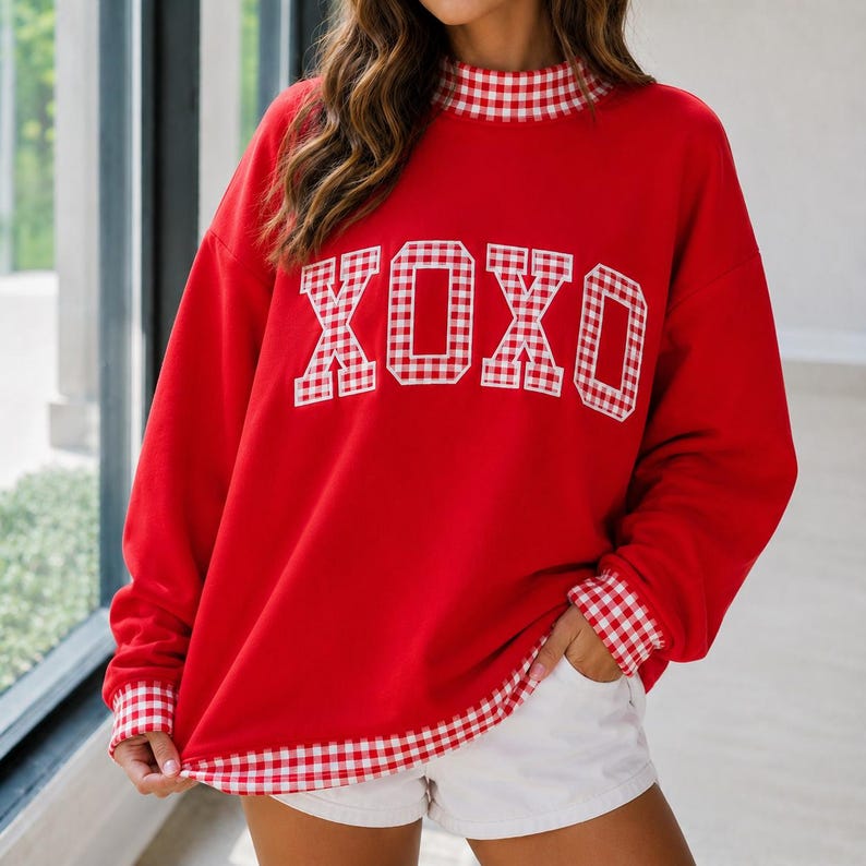 Personalized Gingham Mock Neck Sweatshirt, Custom Text Applique Pullover, Embroidered Unisex Crewneck