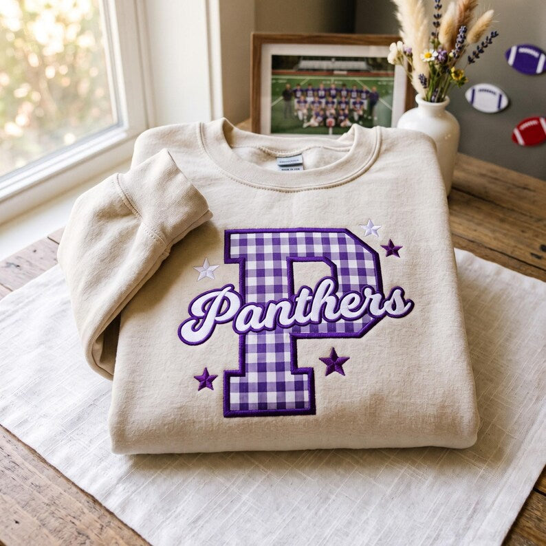 Custom School Spirit Embroidered Sweatshirt, Gingham Varsity Letter Applique, Personalized Team Name Crewneck, Game Day Gift