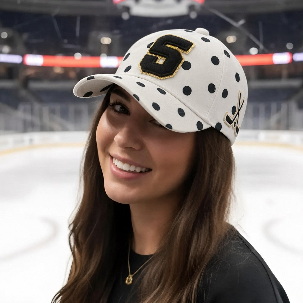 Personalized Hockey Mom Hat – Polka Dot Custom Chenille Number & Crossed Hockey Sticks Baseball Cap | Game Day Wear