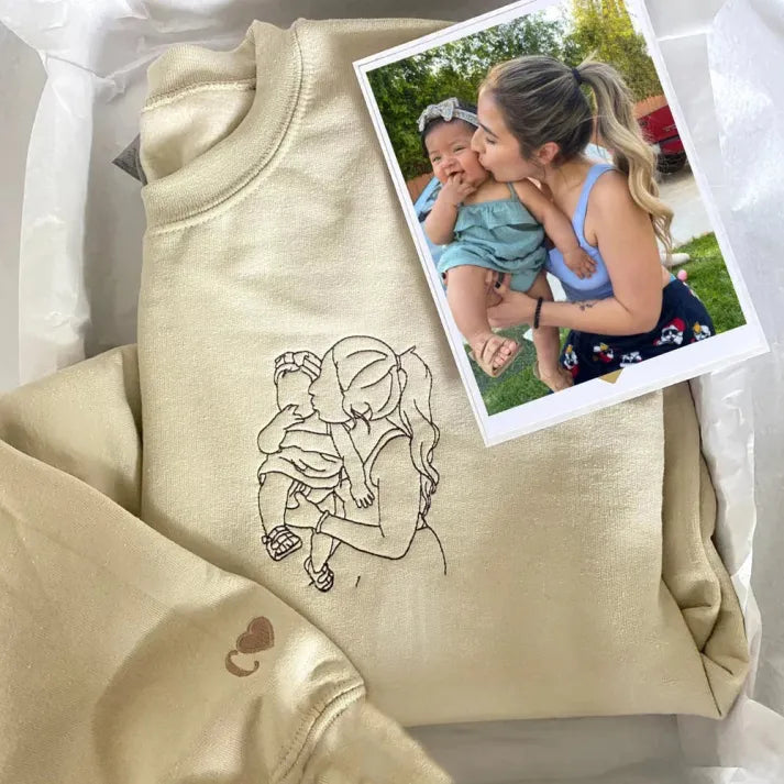 Custom Parent-Child Photo Outline Embroidered Sweatshirt - Surprise Mother's Day gift