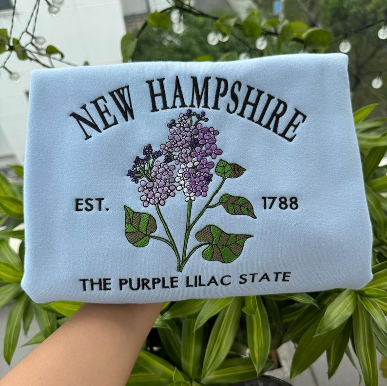 Custom Embroidered New Hampshire Purple Lilac Sweatshirt | US State Flowers Embroidery State Gift Shirt