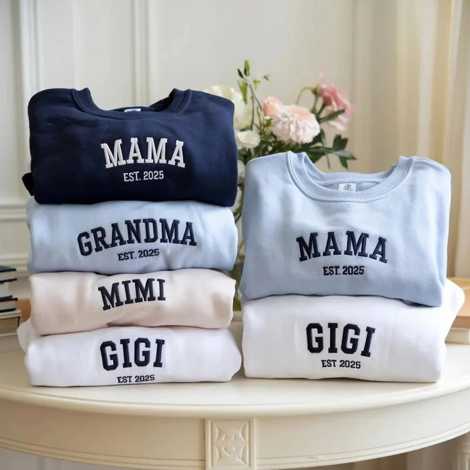 Custom Embroidered Mama, Dad, Grandma, Grandpa Sweatshirt with Kid Names on Sleeve, Mothers Day, Birthday Gift for Mom
