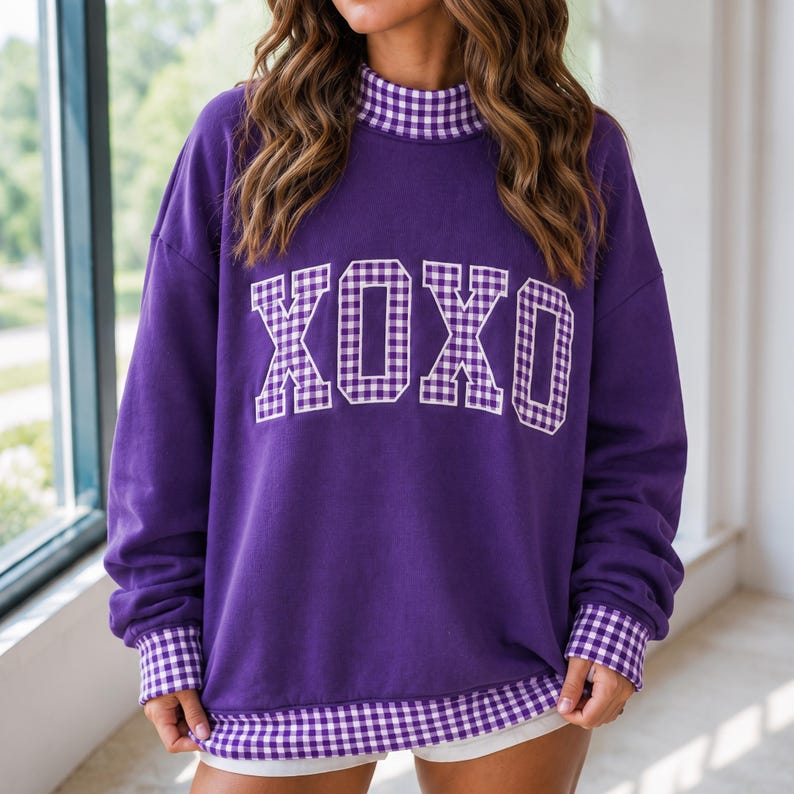 Personalized Gingham Mock Neck Sweatshirt, Custom Text Applique Pullover, Embroidered Unisex Crewneck