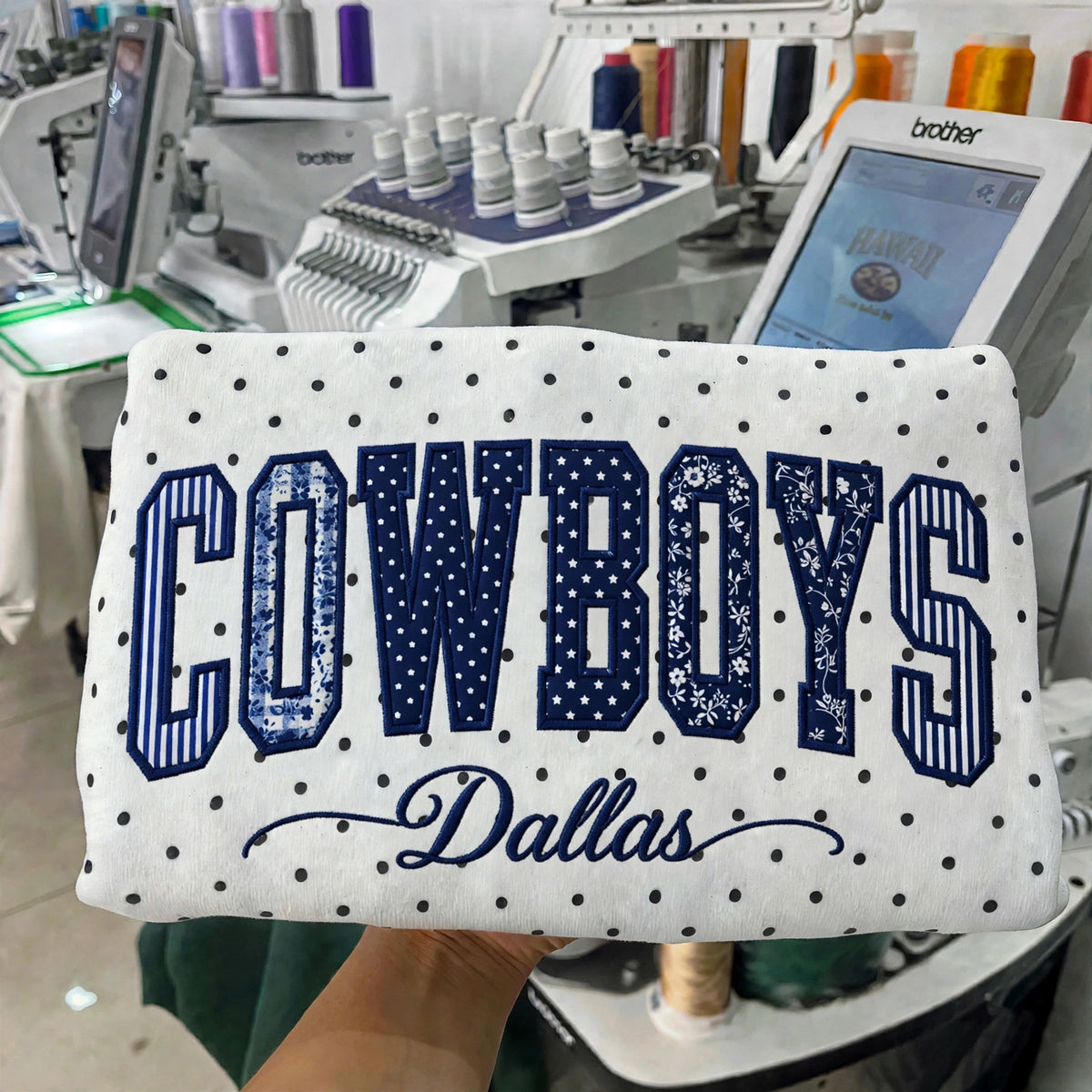 Custom Patchwork Fabric Embroidered Football Team Polka Dot Sweatshirt Game Day Wear