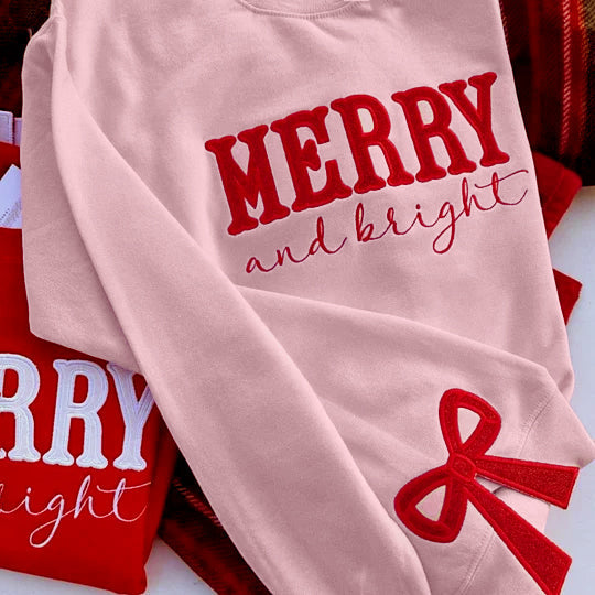 Custom Merry and Bright Embroidered Bow Sweatshirt