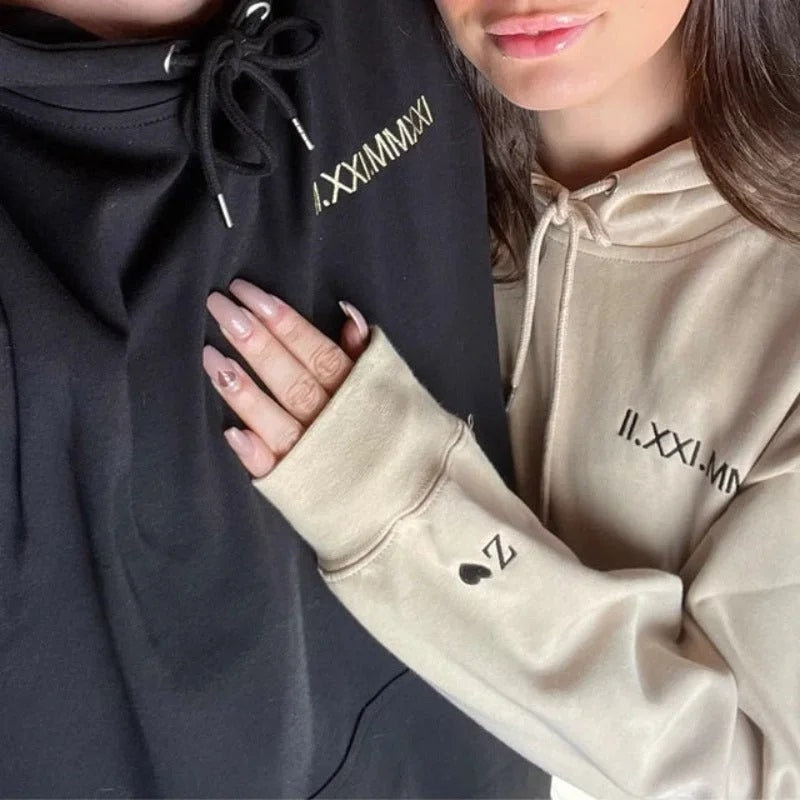 Custom Embroidered Roman Numeral Date Sweatshirt Initial on Sleeve | Valentines Couples Gift 1st Anniversary gift