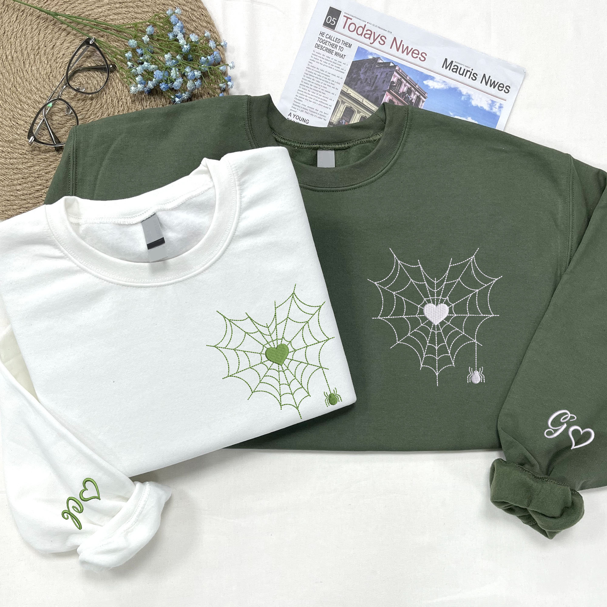 Custom Embroidered Halloween Spider Web Heart Matching Couple Sweatshirt | Halloween Gift Form Him Her