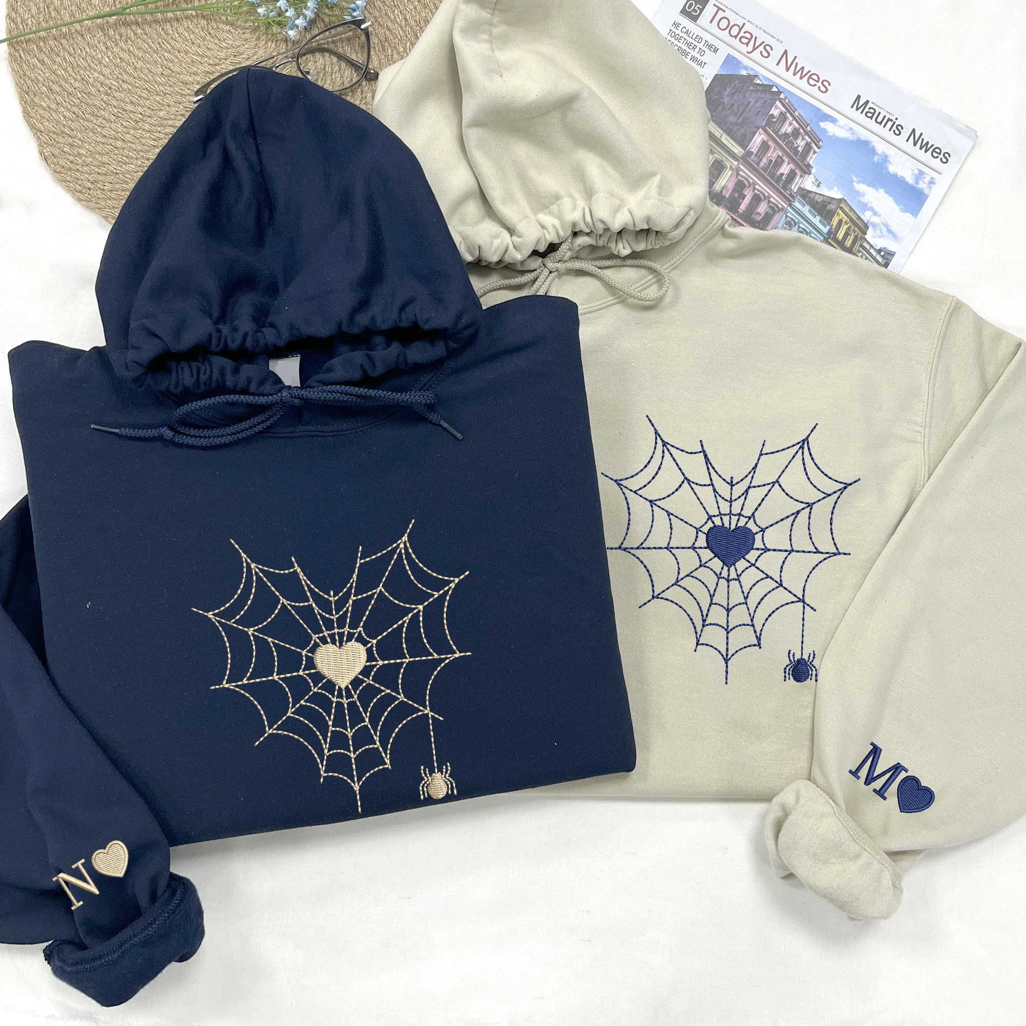 Custom Embroidered Halloween Spider Web Heart Matching Couple Sweatshirt | Halloween Gift Form Him Her