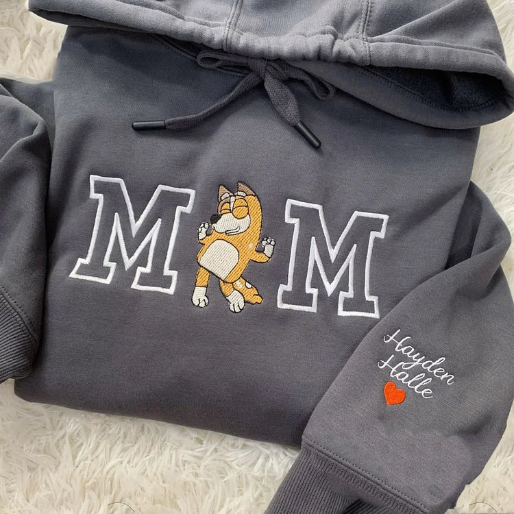 Custom Personalized Mother Blue Dog Embroidered Hoodie with Names on Sleeve | Mother's Day Gift