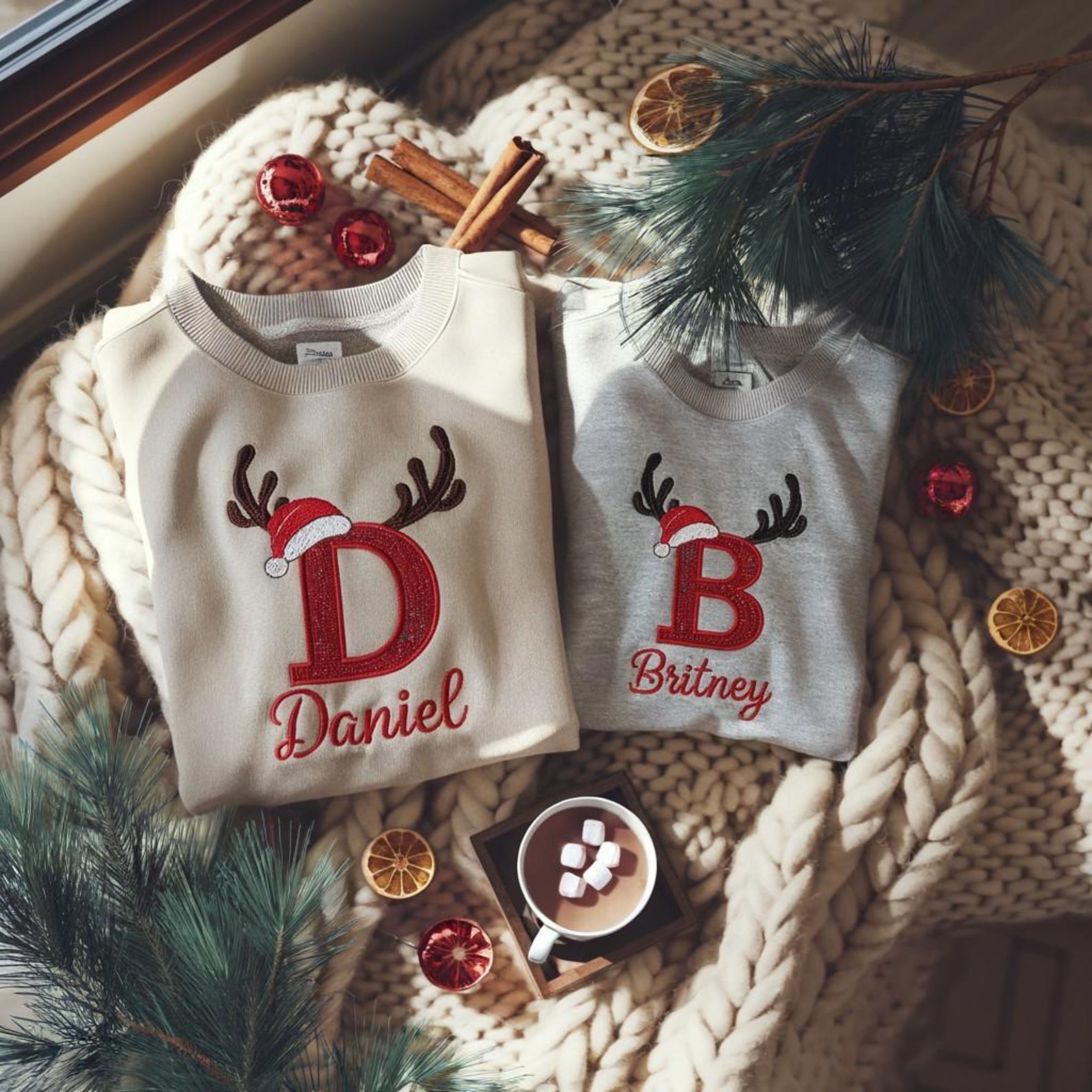 Custom Christmas Initial Name Glitter Embroidery Sweatshirt, Christmas Family Gifts