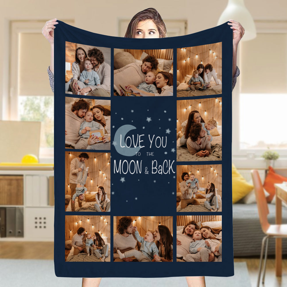 Custom 10 Photos Love You To The Moon Back Fleece Blanket | Couple Anniversary Gift