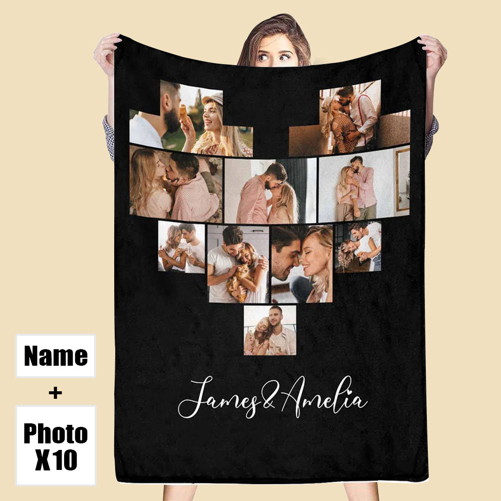 Custom 10 Photos Fleece Blankets Photo Names Blanket For Family | Couple Anniversary Gift