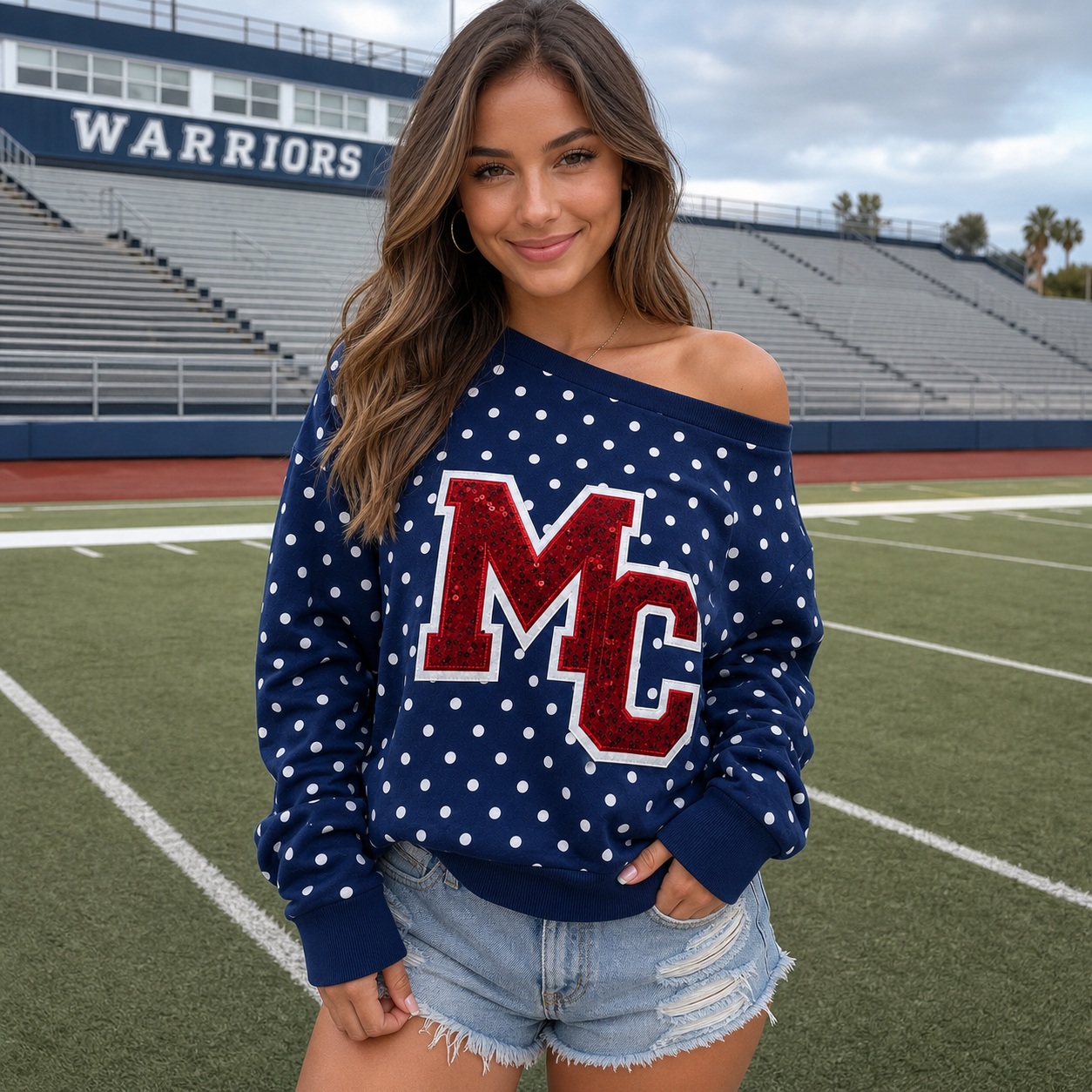 Custom Sequin Letters Off-Shoulder Polka Dot Sweatshirt – Personalized Glitter Team Name, Sports Fan Gift | Gifts for Sports Mom | Game Day Wear