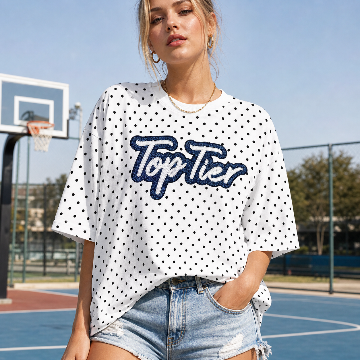 Custom Glitter Embroidered Team Name Polka Dot T-shirt | Gifts for Sports Mom | Game Day Wear