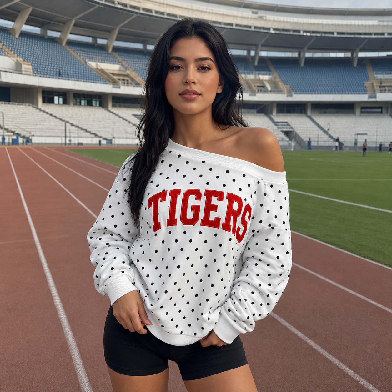 Custom Team Name Off-Shoulder Polka Dot Sweatshirt | Personalized College Spirit Top