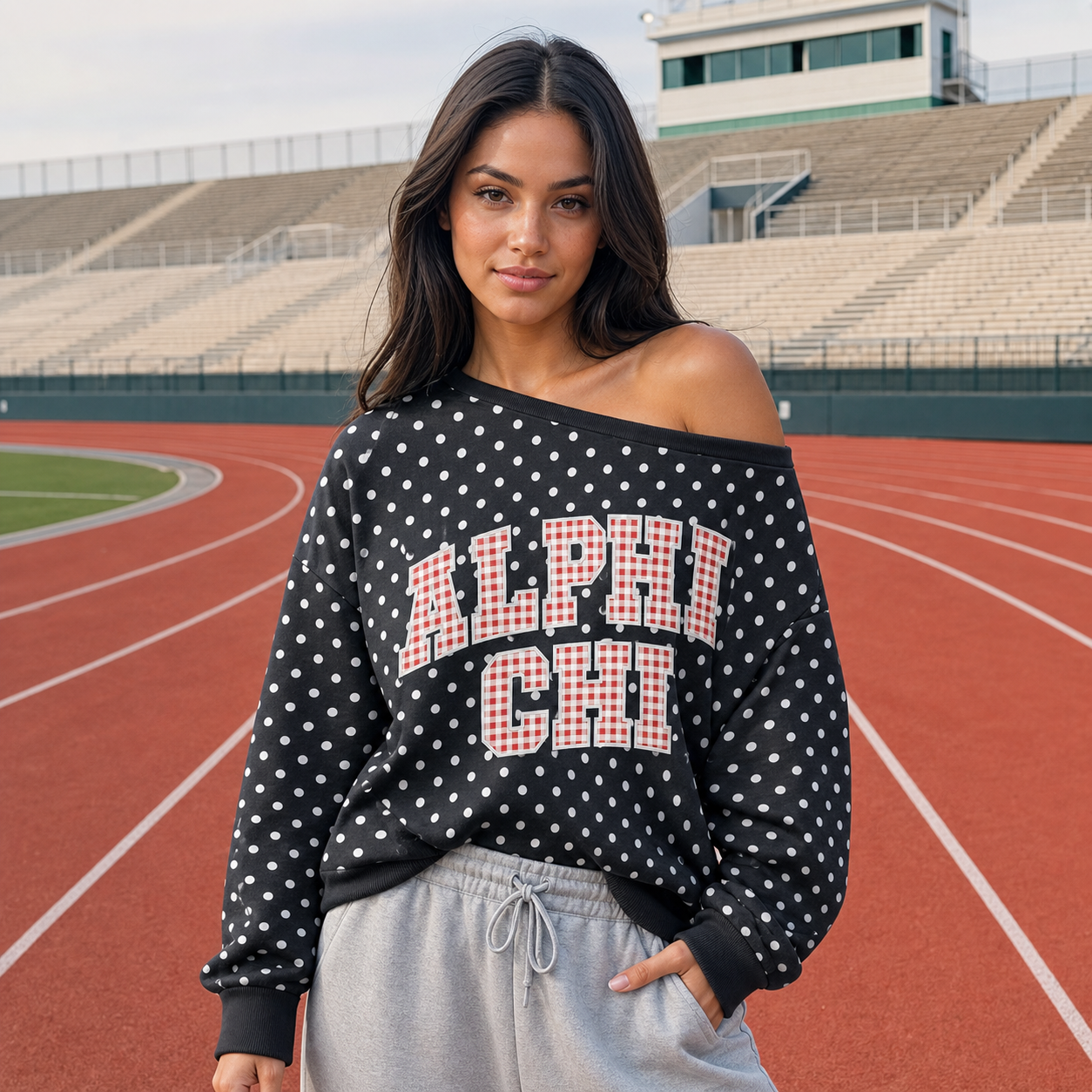 Custom Applique Team Name Off-Shoulder Polka Dot Sweatshirt | Sports Gifts Game Day Gear