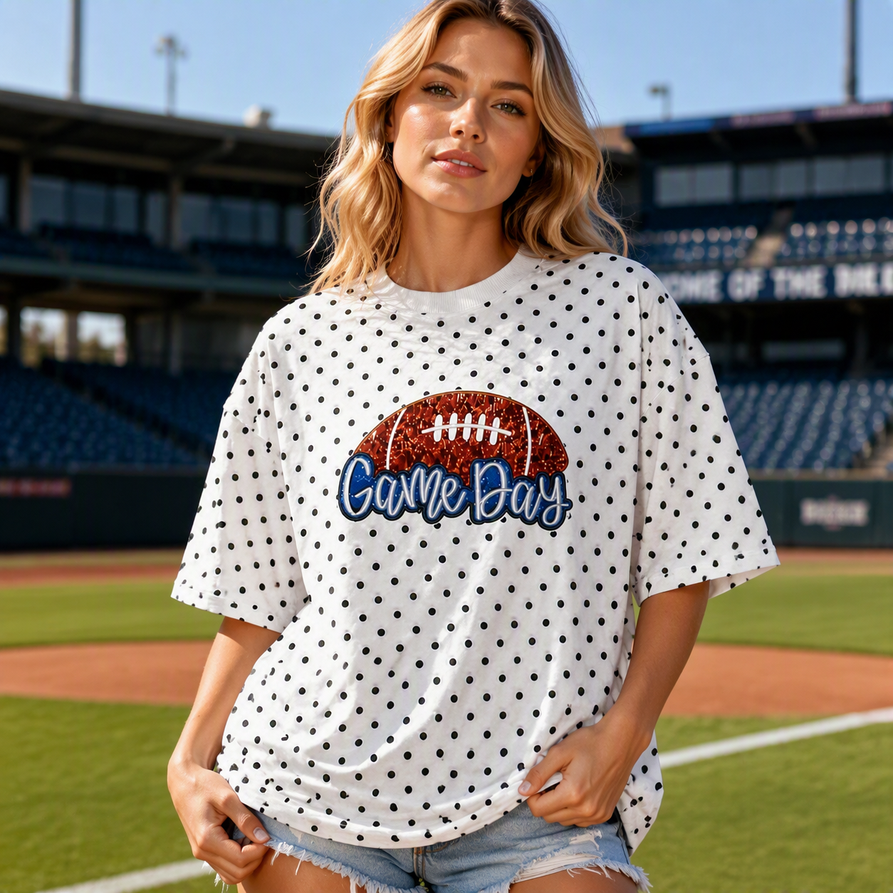 Custom Game Day Polka Dot T-Shirt – Sequin Football Graphic Oversized Tee | Game Day Wear