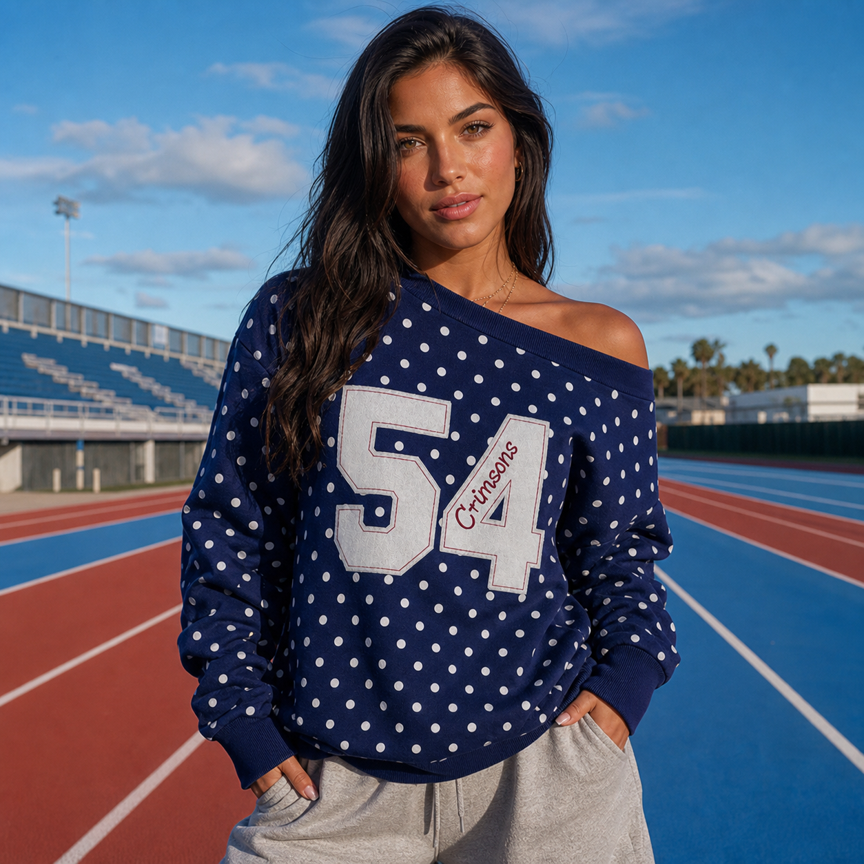 Custom Off-Shoulder Polka Dot Sweatshirt – Personalized Number & Name Embroidered Sweatshirt for Game Day