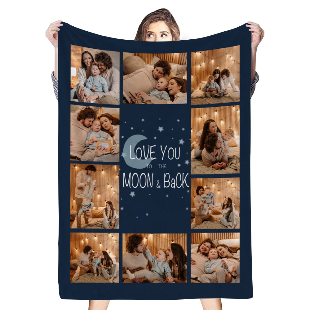 Custom 10 Photos Love You To The Moon Back Fleece Blanket | Couple Anniversary Gift