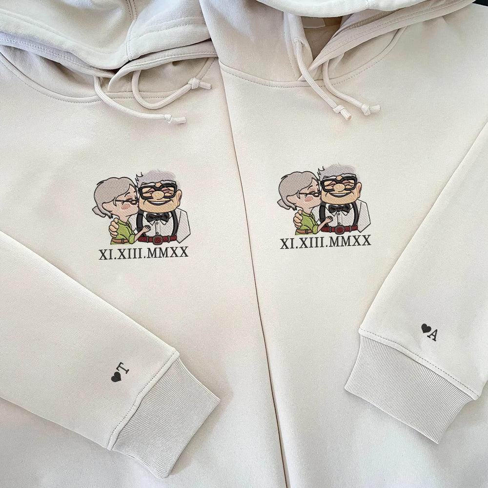 Custom Embroidered Roman Numeral Hoodies For Couples, Cute Ellie x Carl Couples Embroidered Hoodie
