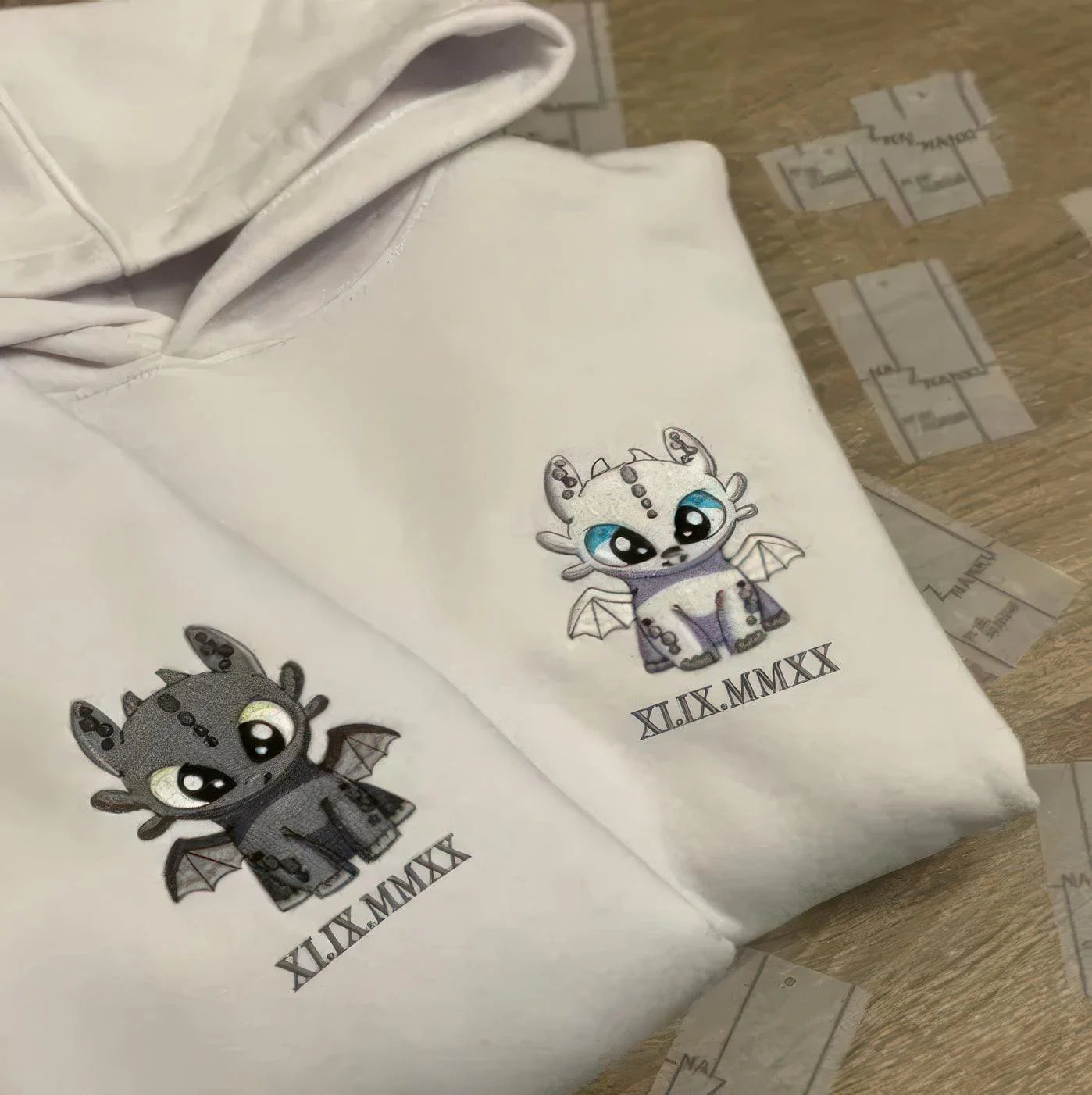 Custom Embroidered Matching Couple Hoodies Dragon's Lovely Characters Couples Embroidery Sweatshirt
