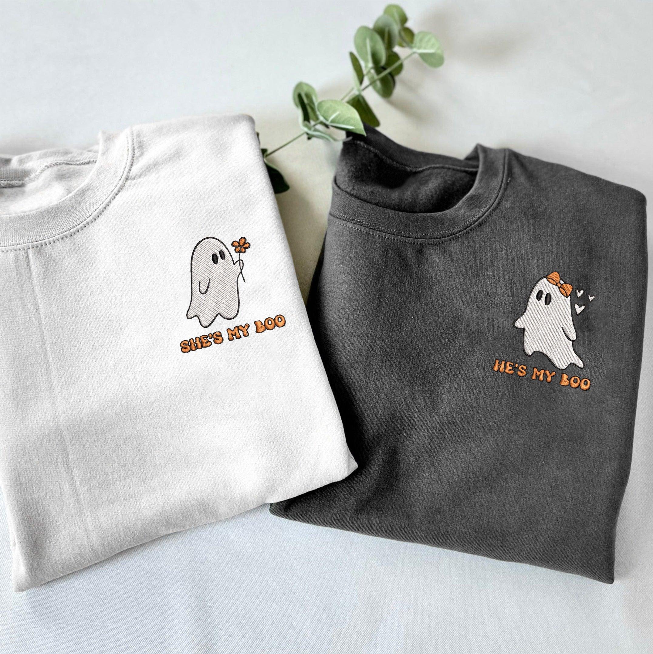 Custom Embroidered Halloween Hoodies For Couples, He's My Boo She's My Boo Matching Couple Sweatshirt