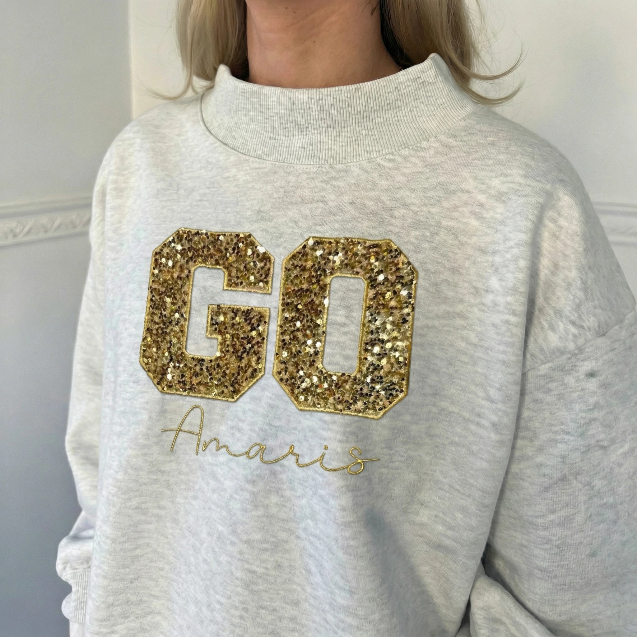 Custom Game Day ''GO'' Mockneck Sweatshirt – Sequin Varsity Letter Camo Tee | Gifts for Sports Mom