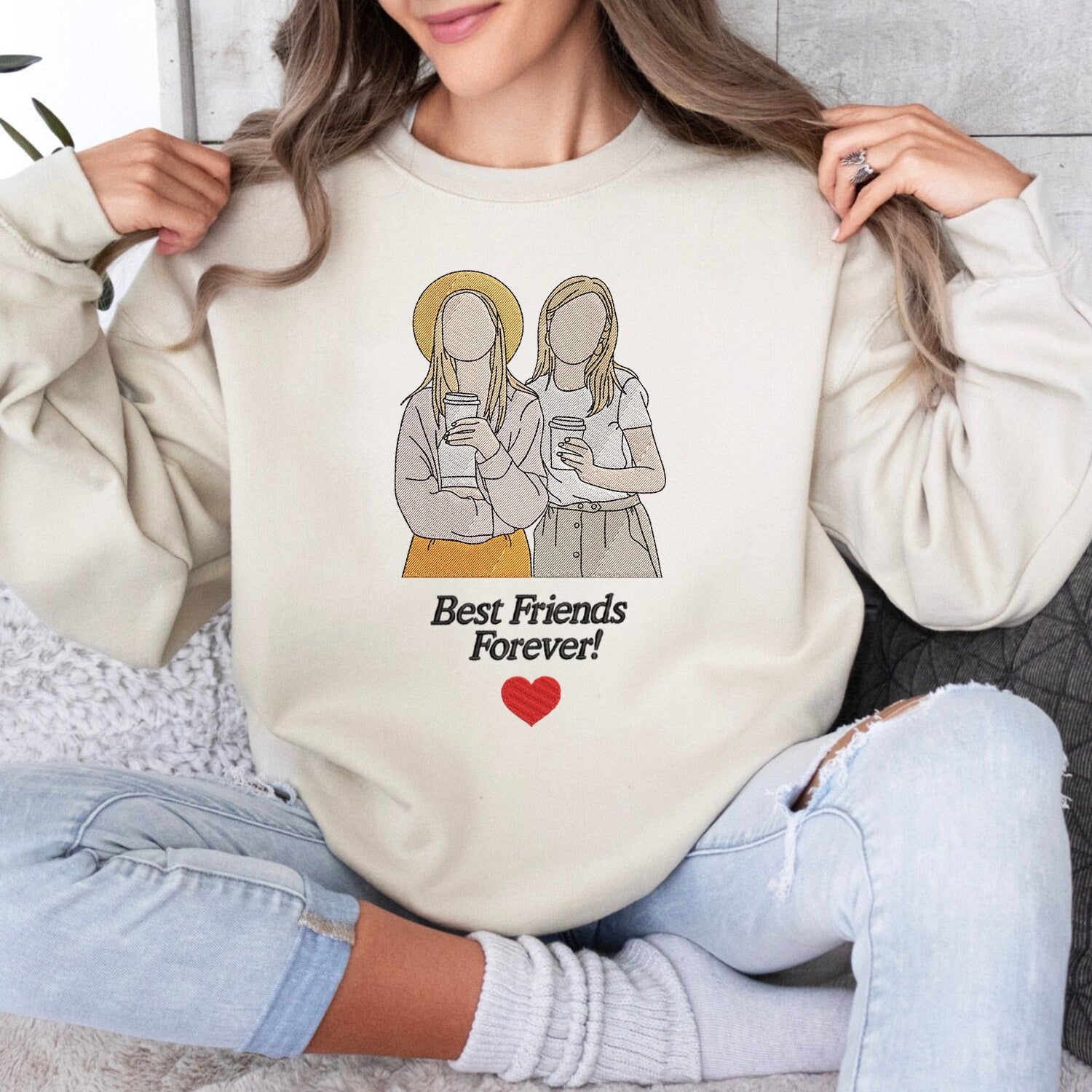 Custom Photo Portrait Best Friends Embroidered Sweatshirt | Personalized Matching Gift For Best Friends | Gift For Best Friends