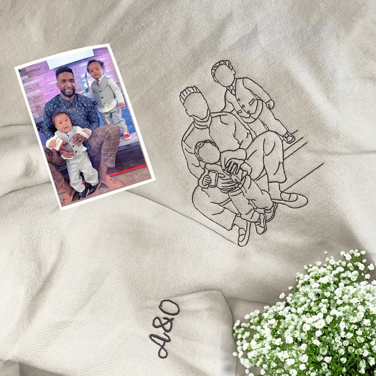 Custom Embroidered Portrait Photo with Father and Son For Father's Day Gift