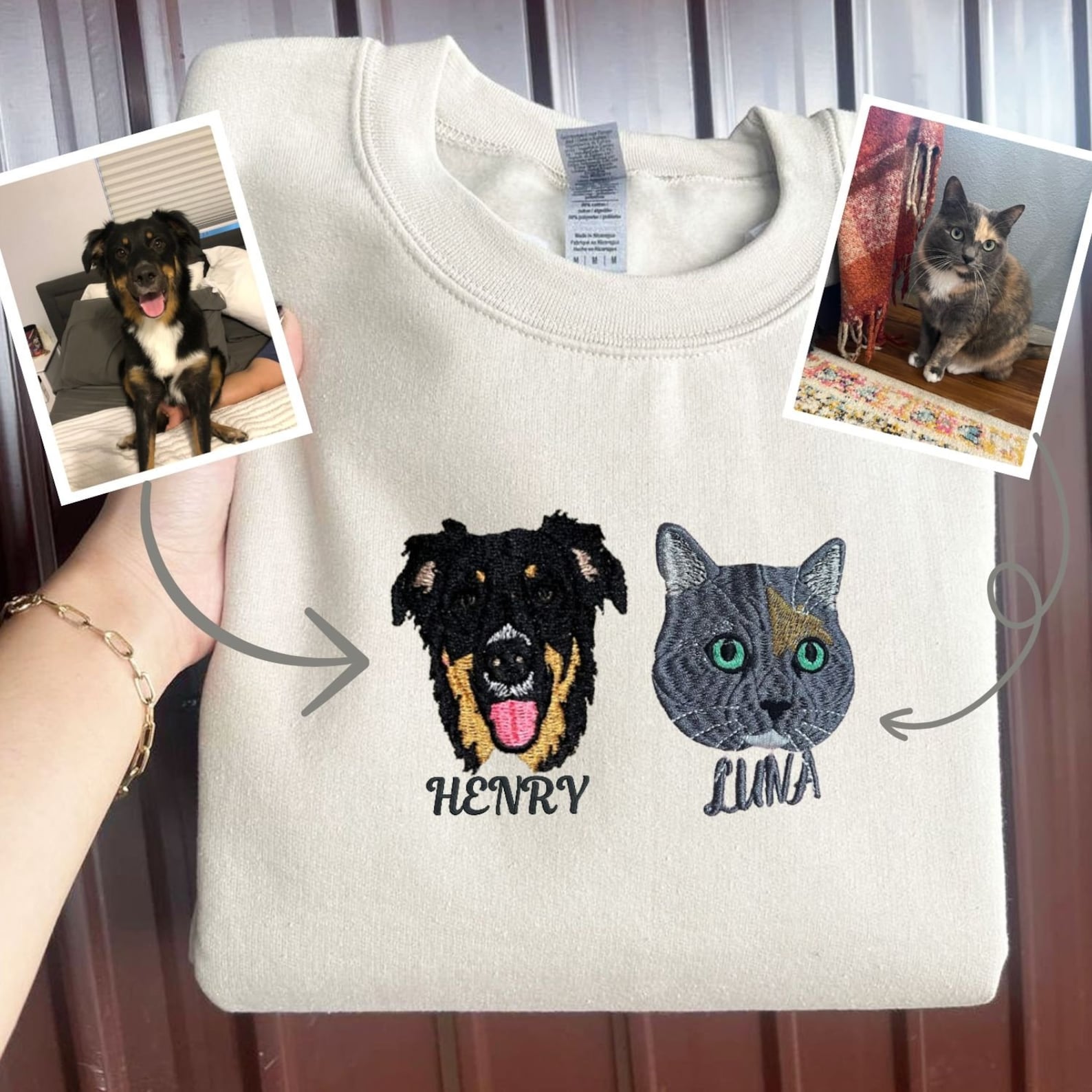 Custom Embroidered Pet Sweatshirt | Dog Cat Face or Name Embroidery for Pet Lovers Sweatshirt