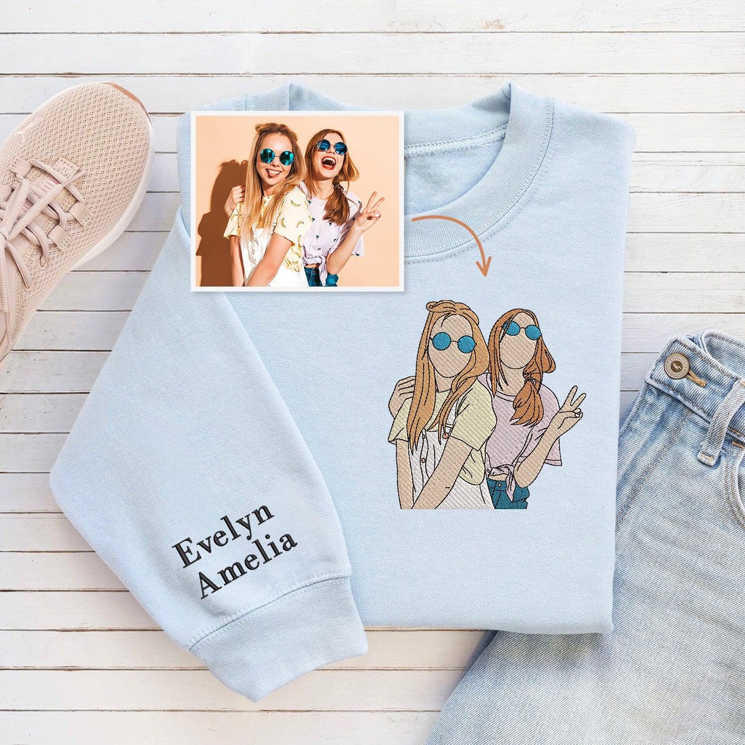 Custom Portrait Best Friend Sweatshirt | We are Best Friends Embroidered Sweatshirt | Gift For Best Friends