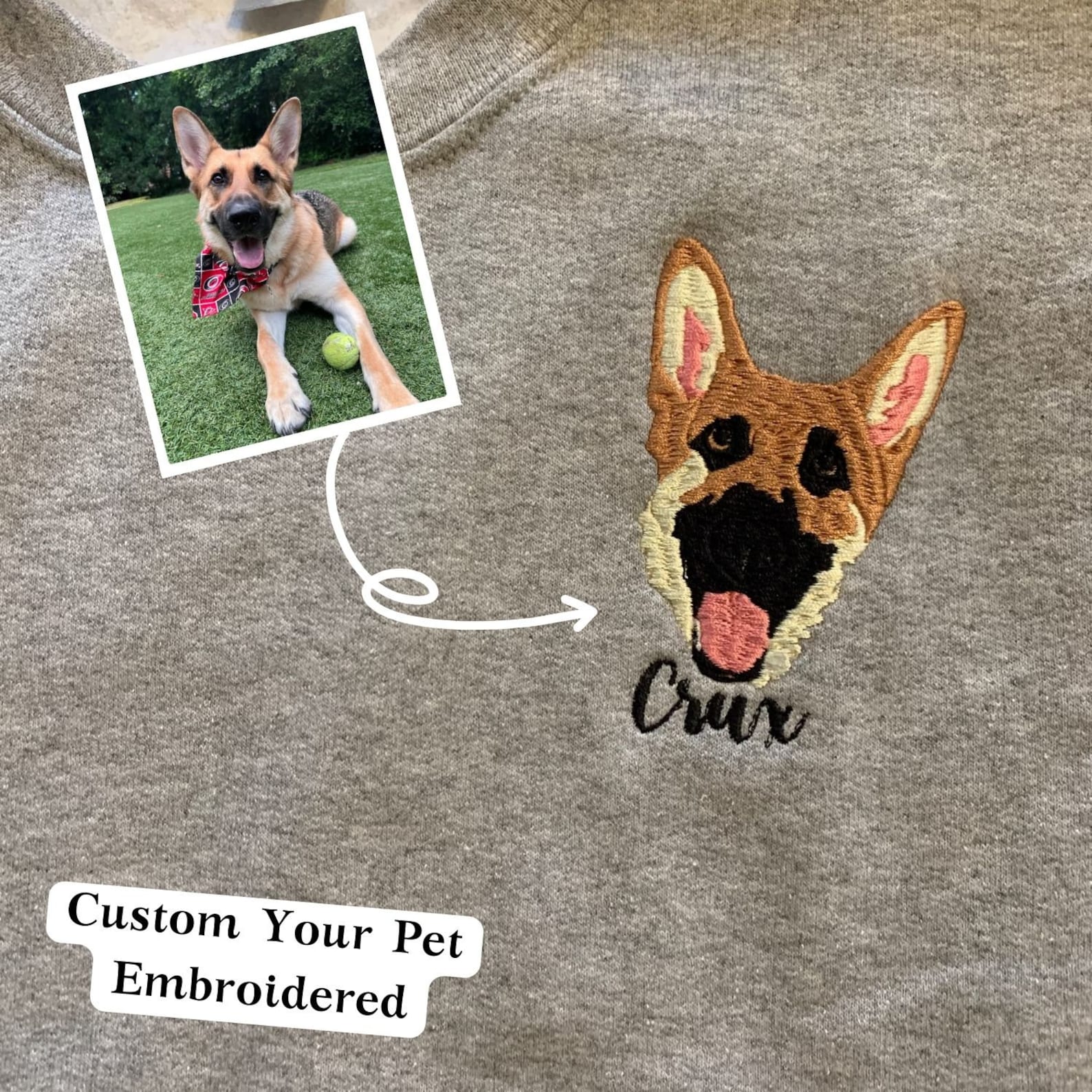 Custom Embroidered Dog Sweatshirt From Your Photo | Custom Pet Face with Pet Name Sweatshirt