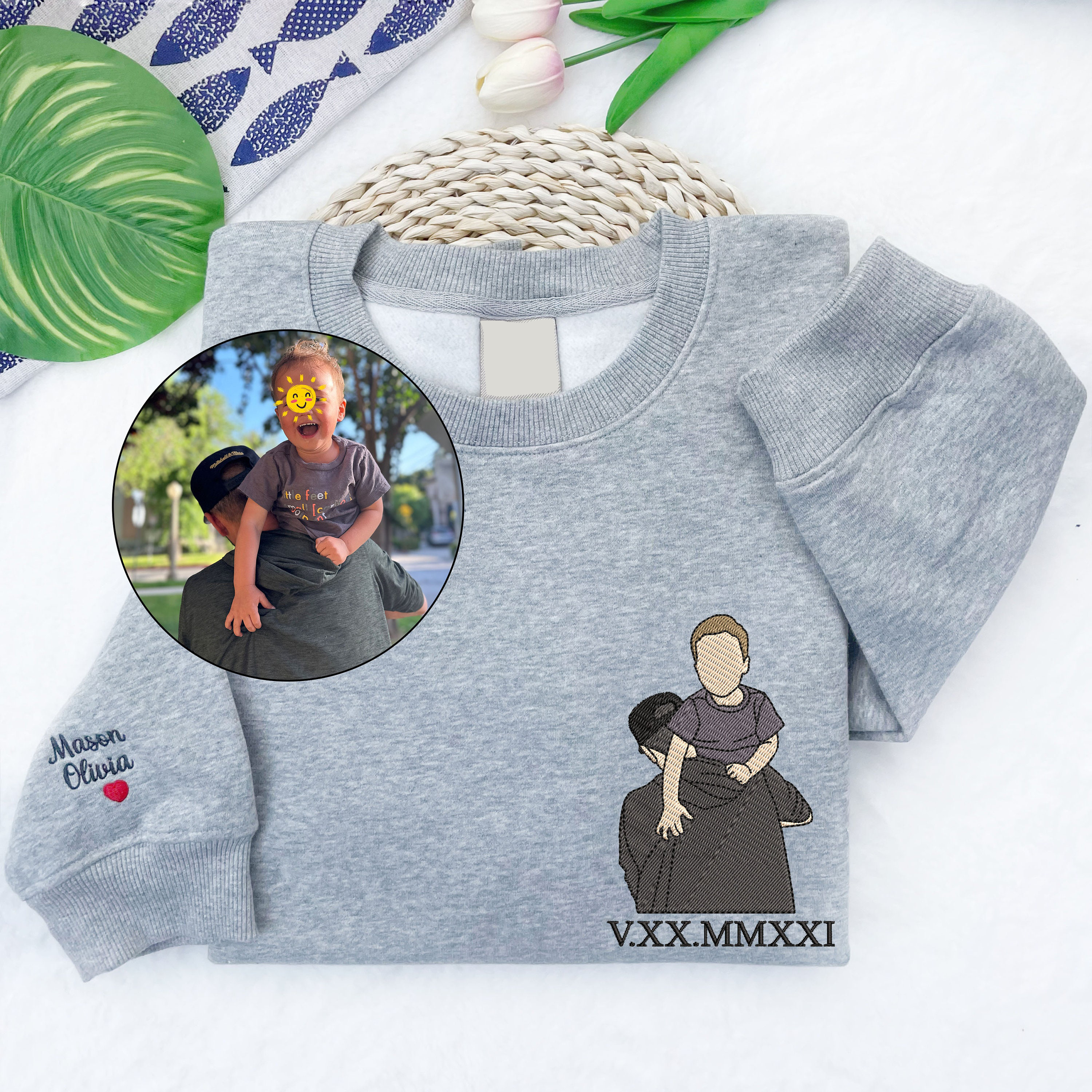 Custom Dad Portrait Photo Embroidered Sweatshirt | Family Daddy Portrait Hoodie For Father's Day